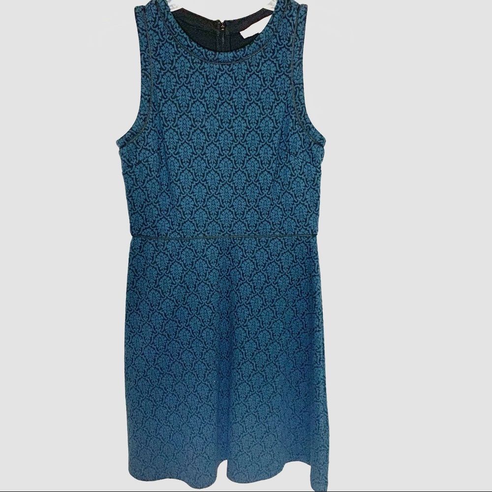 Loft Jacquard Teal and Black Flare Dress